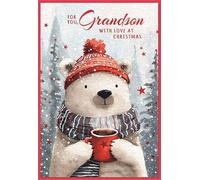 Grandson Christmas Card - Santa Bear with Gifts & Gold Foil 7.5x5.25"