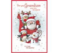 Grandson Christmas Card - Santa sleigh penguin snowman with red Foil 7.5x5.25"