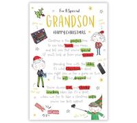Grandson Christmas Card - Special Finish and Illustrated Insert Leaf - Festive Illustrated Design - A Christmas Poem - Made in the UK