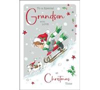 Grandson Christmas Card - Special Grandson - Boy and Dog Sledging in the Snow - Artistic Festive Design - Special Finishes and Illustrated Insert Leaf - Made in the UK