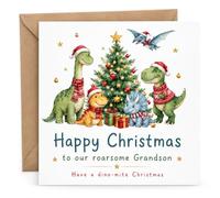 Grandson Christmas Card with Envelope, Cute Dinosaur Christmas Tree Design, Fun Festive Greeting Card for a Roarsome Grandson at Christmas