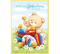 Grandson Easter Card - Bear with Colourful Eggs Chicks Daisies & Blue Foil 7x5