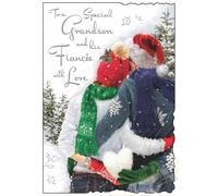 Grandson & Fiancée Christmas Card - Couple in Hats 9x6.25 | Embossed Foil and Glitter Finish, Scalloped Edge, Illustrated Insert and Heartfelt Verse , Made in the UK