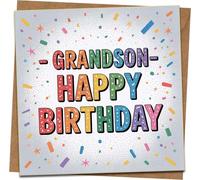 Grandson Happy Birthday Card - Colorful Confetti Design, 145mm x 145mm Square Greeting Card with Kraft Envelope - Fun Rainbow Lettering Birthday Card for Grandson