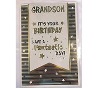 Grandson It's Your Birthday Have A Fantastic Day! Birthday Card Cream/Gold/Grey Words/Stripes/Stars Foil Detail(NC-VA129)