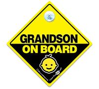 Grandson On Board Car Sign, Yellow and Black Vehicle Sign With Suction Cup Attachment Designed To Notify Other Drivers That You Have Baby in the Car/Vehicle