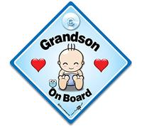 Grandson on Board Sign, Baby On Board Sign For Grandchild, High Visibility Baby On Board Car Sign With Suction Cup to Notify Others of Baby in Car 14 cm x 14cm x 2cm