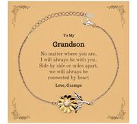 Grandson Sunflower Bracelet Long Distance Gifts from Gramps, Encouraging Birthday Graduation for Grandson Side by side or miles apart, we will always be connected by heart. Love, Gramps, Small, Silver