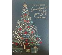 Grandson & Wife Christmas Card - Dark Green with Gold Foil Xmas Tree and 3d Star 9x6"