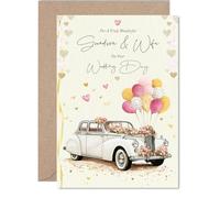 Grandson & Wife Wedding Card - Vintage Car - Happy Wedding Card from Grandad Grandma, A5 Marriage Congrats Well Done Greeting Cards