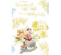 Grandson & Wife Wedding Day Card Flowers Foil Finish Lovely Verse
