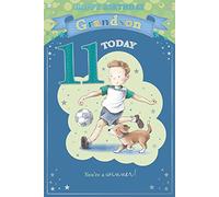 Grandson's 11th Birthday Card - 11 Today Boy & Dog With Football 9" x 6"