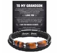 Grandson's Strength & Support Tiger Eye Bracelet, Personalized Custom Name Leather Beaded Bracelets Love You Forever, Grandson's Tiger Eye Protection Bracelet from Grandma, Mens Weave Gift