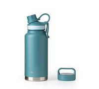 GrandTies 2 Lids Sports Stainless Steel Water Bottle- 32oz, Reusable Wide Mouth Vacuum Insulated Water Bottles, Travel Metal Canteen, Coldest Water Bottle for Men and Women (Atlantis Blue, 32oz)