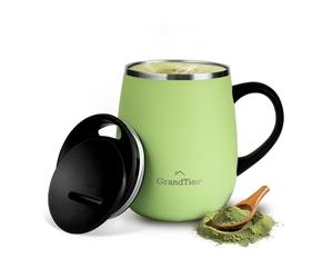 GRANDTIES Insulated Coffee Mug with Handle Sliding Lid for Splash-Proof 16 oz Wine Glass Shape Thermal Tumbler with Double Walled Vacuum Stainless Steel to Keeps Beverages Hot or Cold-Fresh Mint