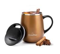 GRANDTIES Insulated Coffee Mug with Handle - Sliding Lid for Splashproof 460ml Shape Thermos Mug with Double Wall Vacuum Stainless Steel Keeps Drinks Hot & Cold - Cognac Metallic