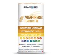 GRANIONS VITAMINERIS IMMUNITE - Vitamin C 1000mg, Choline, Lutein, Zinc, 18 Vitamins and Minerals, Fatigue, Immunity, Vision - Blackcurrant Flavour - 30 Effervescent Tablets - Made in France