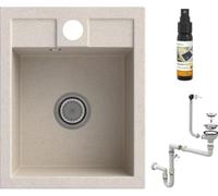 GRANITAN Best kitchen sink, granite sink with chrome siphon, strainer and waterproofing agent, sink with 1 basin, built-in sink, 40 x 50 cm, light beige