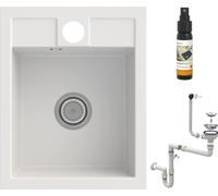 GRANITAN Best kitchen sink, granite sink with chrome siphon, strainer and waterproofing agent, sink with 1 basin, built-in sink, 40 x 50 cm, white