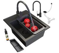 Granitan Granite Sink Nero Single Bowl With Tap, Drain And Basket Set