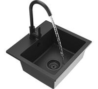 Granitan Milos Sink, 44.5 x 41.5 cm, Sink for Kitchen with Kitchen Tap, Granite Sink with Two Holes, Built-in Sink with Siphon, Jet Black (Also Black Siphon)