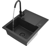Granitan Milos Sink, 58.5 x 47.5 cm, Sink for Kitchen with Kitchen Tap, Granite Sink with Two Holes + Plugs, Built-in Sink with Siphon, Black (Large)