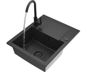 Granitan Milos Sink, 58.5 x 47.5 cm, Sink for Kitchen with Kitchen Tap, Granite Sink with Two Holes + Plugs, Built-in Sink with Siphon, Black (Large)