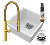 Granitan Napo 42 Undermount Granite Kitchen Sink Set White With Gold Tap And Siphon 420 X 420mm