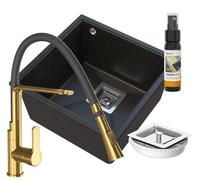 Granitan Napo Undermount Single Bowl Granite Kitchen Sink With Pull Out Gold Tap Black 420 X 420mm 3 Piece Set