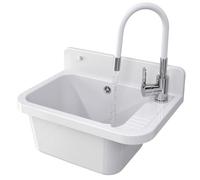 GRANITAN Outdoor Sink for Garage Laundry and Workshop - Sink for Indoor and Outdoor Installation - Universal Work Sink - 50 x 34 x 31 cm - (White + Flex Sink Tap)
