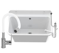 Granitan Sink for Garage, Basement, Workshop, Universal Wash Basin with Siphon, Sink with Drip Tray, Wall Mounted, Polypropylene, 61 x 41 x 30 cm (White + Flex Washbasin Battery)