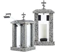 Granite Candle Lantern with Orthodox Cross - H 22.6" (32cm) Grey Graveside Tribute Memory - Funeral Gift, Cemetery Grave Ornaments, Square Memory Outdoor Lantern - Decoration for Graveyard or Home Use