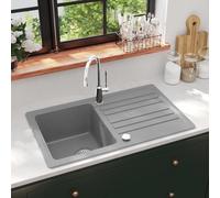 vidaXL Granite Kitchen Sink Single Basin with Reversible Drainer in Grey - Heat/Stain Resistant, Easy Install