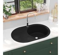 Granite Kitchen Sink, Single Sink, Oval Black with Strainer Basket, 770 x 490 x 205 mm, Installation Sink, Reversible, Heat-Resistant, Scratch-Resistant for Kitchen, Utility Room