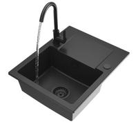 Granitan Milos Sink, 58.5 x 47.5 cm, Sink for Kitchen with Kitchen Tap, Granite Sink with Two Holes + Plugs, Built-in Sink with Siphon, Black (Large)