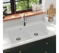 Granite Sink, Double Basin, White, 860 x 510 mm, Extra Deep, Scratch-Resistant, Heat Resistant up to 280 °C, with Strainer Basket Drain Set, Ideal for Kitchen, Utility Room, Flexible Use