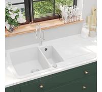 Granite Sink, Double Basin, White, 960 x 500 x 310 mm, Support Sink with Draining Board, Reversible for Kitchen and Utility Room, Heat Resistant and Scratch Resistant with Strainer Basket