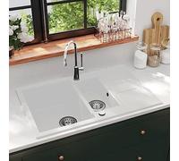 Granite Sink, Double Basin, White, Made of High-Quality Granite with 800 x 500 mm, Reversible for Built-in Sink, Includes Strainer Basket, Heat Resistant up to 280 °C, Scratch-Resistant