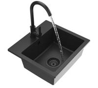 Granitan Milos Sink, 44.5 x 41.5 cm, Sink for Kitchen with Kitchen Tap, Granite Sink with Two Holes, Built-in Sink with Siphon, Jet Black (Also Black Siphon)