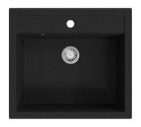 Granite Sink, Single Basin, Black, Made of 80% Quartz and 20% Resin, 565 x 510 x 306 mm, Built-in Sink with Strainer Basket, Heat Resistant up to 280°C, Scratch-Resistant for Kitchen and Utility Room
