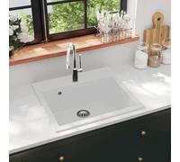 Granite Sink, Single Basin, White, Made of 80% Quartz, 565 x 510 x 306 mm, Support Sink with Strainer Basket, Heat Resistant, Scratch-Resistant, for Kitchen and Utility Room, Easy Assembly