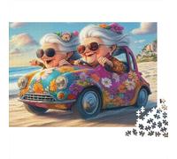 Granny Floral Car Drive 1000 Pieces Jigsaw Puzzle Road Trip Time Precision-cut Framable Detailed Artwork Thick Premium Cardboard for Family Birthday Gift 52x38cm/1000pcs
