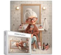 Granny Putting Makeup on in Bathroom 1000 Piece Jigsaw Puzzles for Adults Cartoon Style Art Jigsaw Puzzle Challenging Family Activity Games Colorful DIY Craft Puzzle for Home Decor Gifts 50×70cm