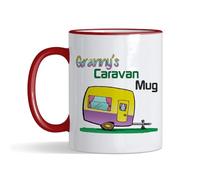 Granny’s Caravan Coffee Mug - Fun Retro Caravan Design, Gift for Grandmother, Camper Van & Caravan Lovers, Coloured Rim Mug, Coffee, Tea Mug. (Red Rim)