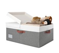 GRANNY SAYS Fabric Storage Box with Lid, Large Storage Box for Shelves, Decorative Storage Basket Organizer, Foldable Storage Bin with Lids for Wardrobe Organizing Clothes, Extra Large, White&Grey