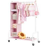 GRANNY SAYS Kids Clothes Rail with Hanging Organizer, Kids Dressing Up Rail with Wheels, Clothes Rack for Children, Toddler Wardrobe Clothing Rail for Nursery Child's Room Organising, Pink/White