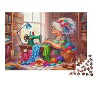 Granny Sewing Tea Break 1000 Pieces Jigsaw Puzzle Crafting Pause Impossible Puzzle Interlocking Pieces Recycled Cardboard for Advanced Puzzlers Creativity Gift 52x38cm/1000pcs