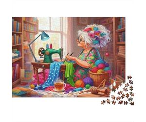 Granny Sewing Tea Break 1000 Pieces Jigsaw Puzzle Crafting Pause Impossible Puzzle Interlocking Pieces Recycled Cardboard for Advanced Puzzlers Creativity Gift 52x38cm/1000pcs