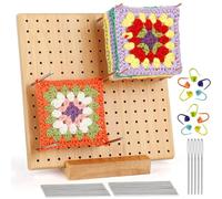Granny Square Tensioner, Locking Board for Granny Square 20 x 20 cm, Bamboo Blocking Boards with 20 Stainless Steel Rod Pins and 5 Needles and 10 Markers, Crochet Blocking Boards Full Kit Gifts