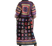 Granny Square Wool Cardigans Womens - Nepal Handmade Crochet Long Sleeve Open Front Sweater, Colorful Boho Flower Shawl Collar Duster Coat, Floral Knitted Woolen Vintage Fall Winter Outerwear, Black